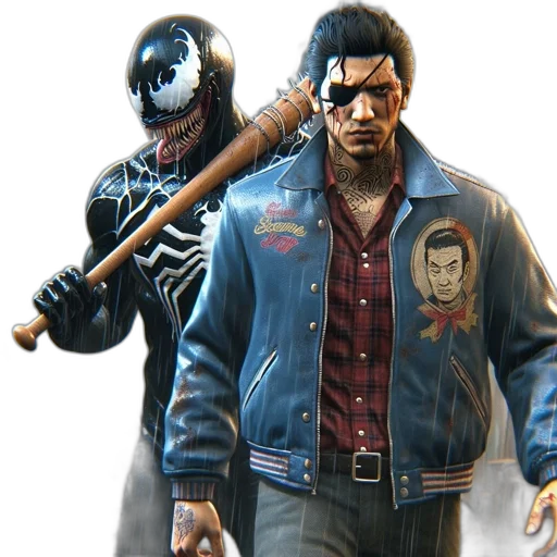 jacket, concept art, comic book art, 3d render, cyberpunk, two, distinctive, characters transparent PNG cut-out