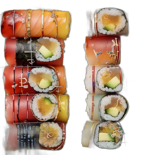 food, jewelry, photorealistic, 3d render, collection, artistic, sushi, rolls transparent PNG cut-out