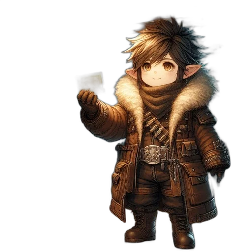 jacket, staff, weapon, animal, concept art, fantasy art, pixel art, 3d render transparent PNG cut-out