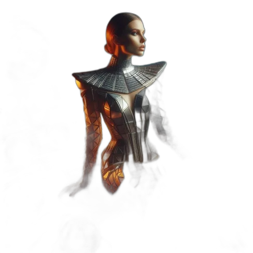 dress, robot, jewelry, mask, concept art, 3d render, fantasy art, photorealistic transparent PNG cut-out