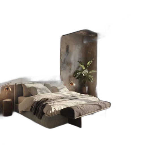 furniture, jewelry, 3d render, photorealistic, earth tones, bedroom, large, bed transparent PNG cut-out