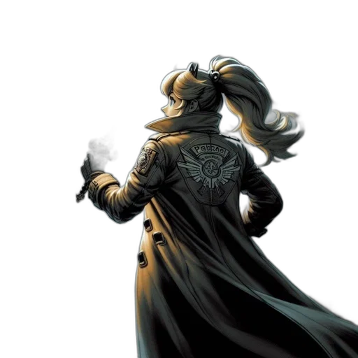 weapon, jacket, staff, sword, concept art, comic book art, fantasy art, dark transparent PNG cut-out