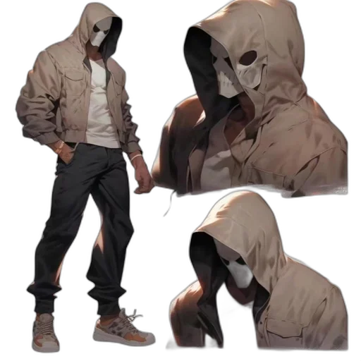 jacket, mask, creature, concept art, comic book art, cyberpunk, 3d render, earth tones transparent PNG cut-out