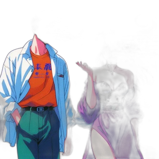 jacket, staff, mask, creature, concept art, vaporwave, anime, watercolor transparent PNG cut-out