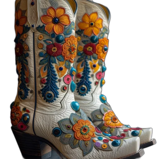 shoes, white, boots, adorned, multicolored, floral, embroidery, beadwork transparent PNG cut-out