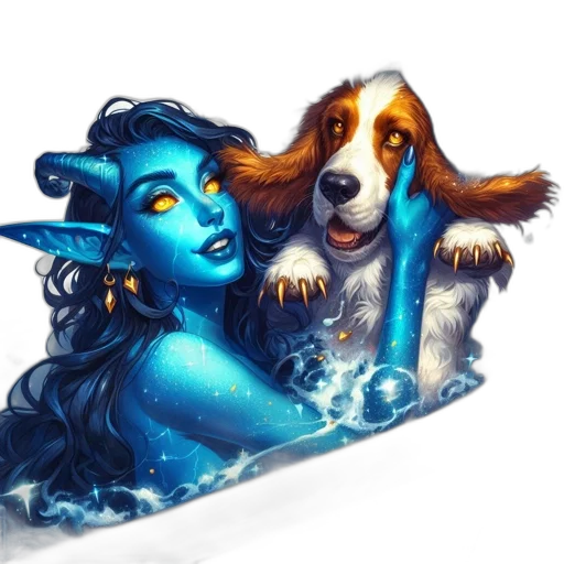 fantasy art, concept art, watercolor, pixel art, underwater, neon lights, blue, fanciful transparent PNG cut-out
