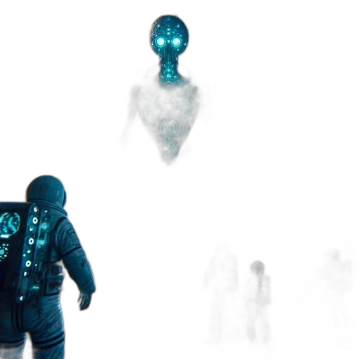 robot, jacket, creature, staff, concept art, 3d render, cyberpunk, outer space transparent PNG cut-out