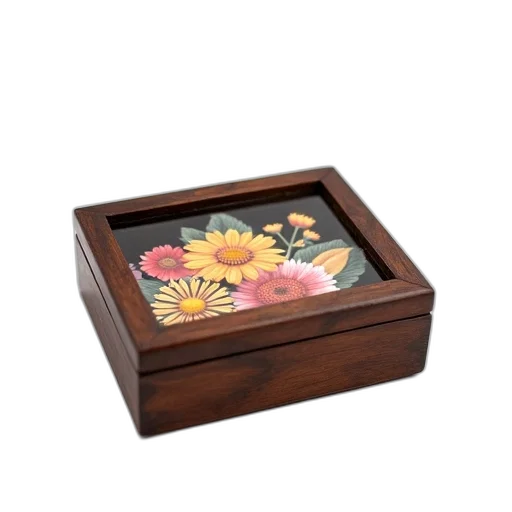 furniture, jewelry, flower, photorealistic, 3d render, earth tones, wooden, box transparent PNG cut-out