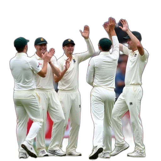 group, cricket, players, white, uniforms, celebrating, victory, field transparent PNG cut-out