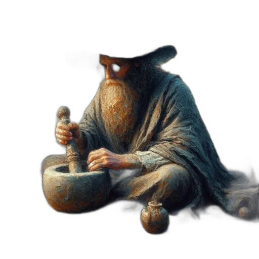 staff, hat, food, creature, concept art, fantasy art, photorealistic, oil painting transparent PNG cut-out