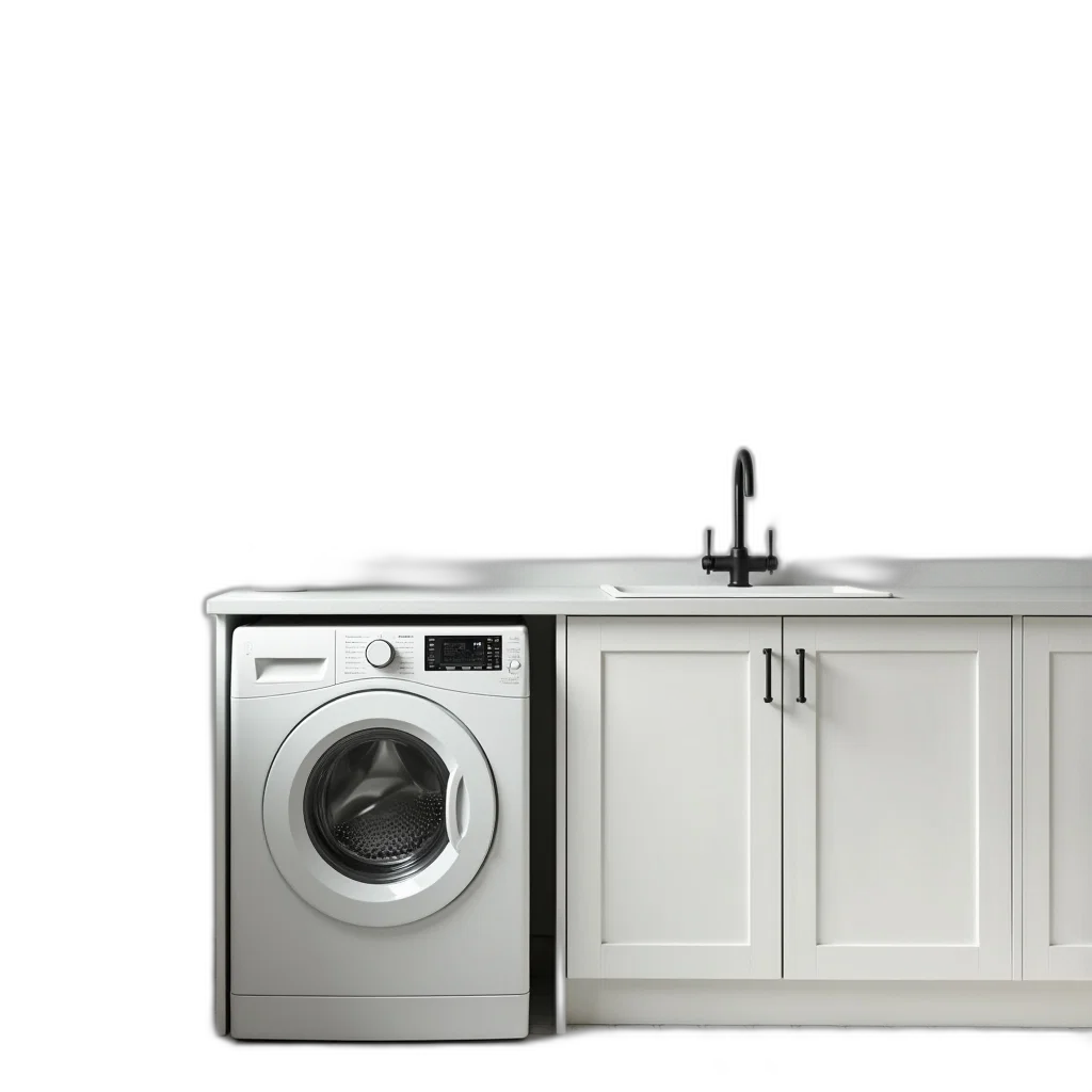furniture, 3d render, photorealistic, monochrome, white, washing, machine, placed transparent PNG cut-out