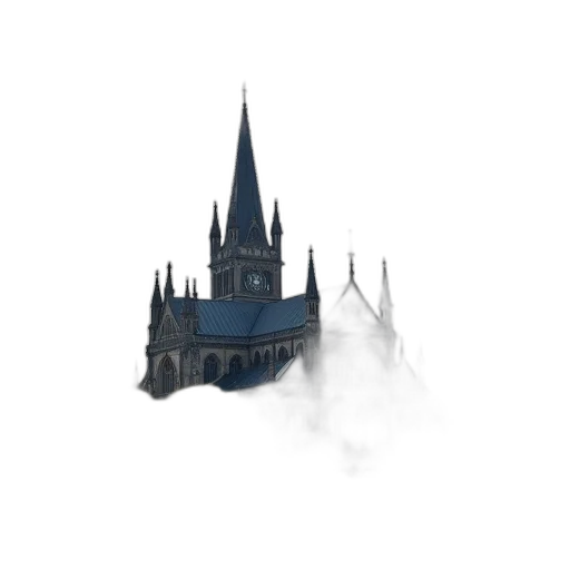 building, staff, concept art, fantasy art, 3d render, pixel art, fog, monochrome transparent PNG cut-out