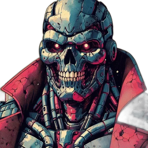 comic book art, concept art, cyberpunk, red, detailed, robotic, skull, glowing transparent PNG cut-out