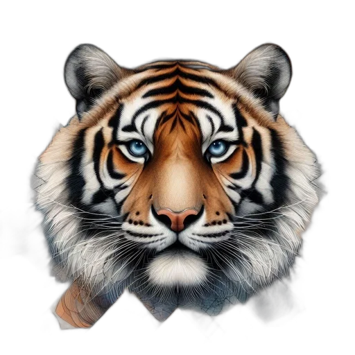 animal, photorealistic, fantasy art, watercolor, 3d render, monochrome, tiger, face transparent PNG cut-out