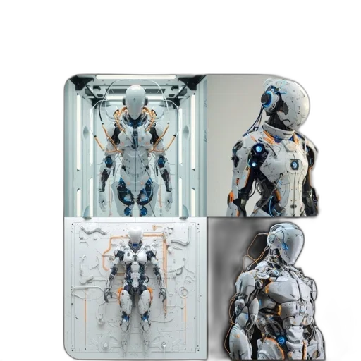 robot, concept art, 3d render, cyberpunk, outer space, blue, monochrome, futuristic transparent PNG cut-out