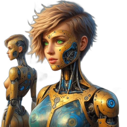 robot, face, concept art, cyberpunk, fantasy art, photorealistic, golden, blue transparent PNG cut-out
