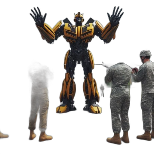 robot, weapon, concept art, 3d render, outer space, golden, four, soldiers transparent PNG cut-out