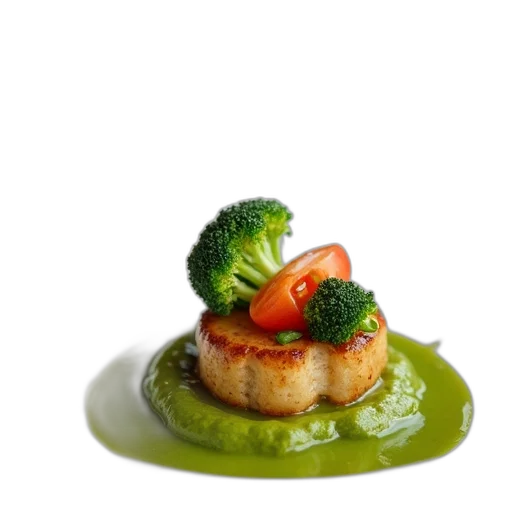 food, photorealistic, 3d render, plate, green, sauce, garnished, piece transparent PNG cut-out