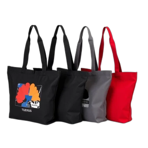 set, four, tote, bags, different, colors, designs, displayed transparent PNG cut-out