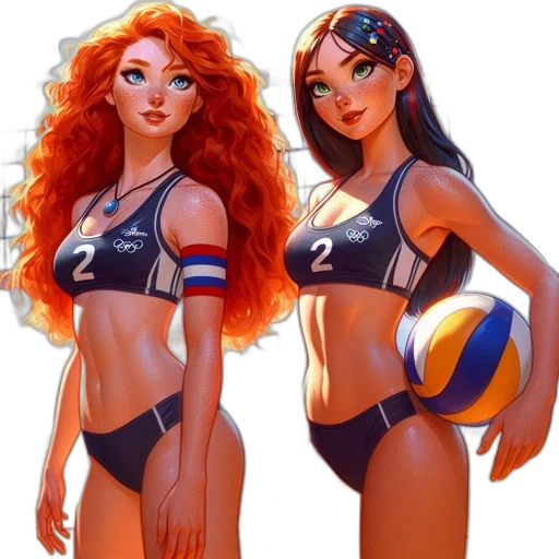 concept art, fantasy art, comic book art, cartoon, beach, underwater, two, female transparent PNG cut-out