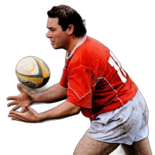 photorealistic, man, red, shirt, playing, rugby, ball transparent PNG cut-out