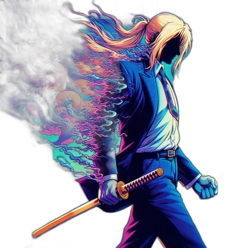 jacket, mask, sword, weapon, comic book art, concept art, vaporwave, fantasy art transparent PNG cut-out