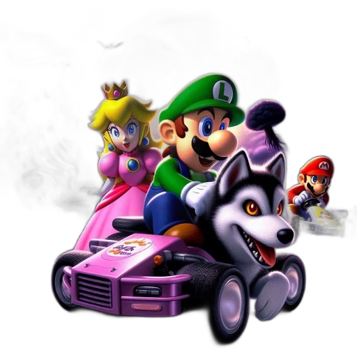 car, concept art, 3d render, pixel art, fantasy art, luigi, princess, peach transparent PNG cut-out