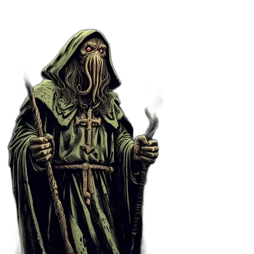 staff, mask, creature, concept art, fantasy art, comic book art, pixel art, fog transparent PNG cut-out