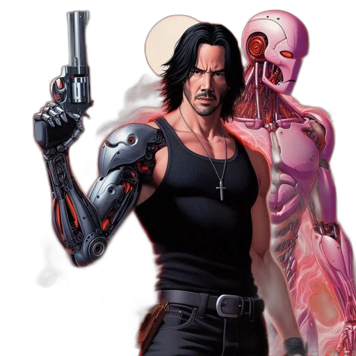 comic book art, concept art, cyberpunk, fantasy art, male, figure, wielding, weapon transparent PNG cut-out