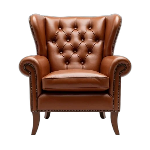 furniture, crown, jacket, 3d render, photorealistic, brown, leather, armchair transparent PNG cut-out