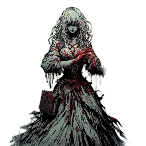 dress, creature, hair, concept art, comic book art, fantasy art, pixel art, dark transparent PNG cut-out