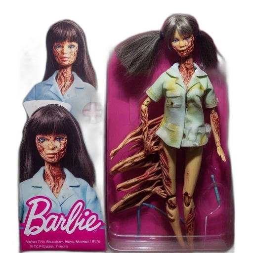concept art, modified, barbie, doll, featuring, gruesome, horror-theme, displayed transparent PNG cut-out