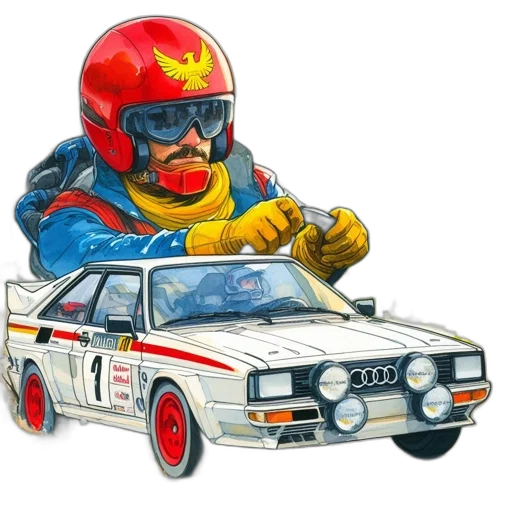 car, concept art, photorealistic, cartoon, comic book art, man, rally, wears transparent PNG cut-out