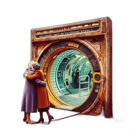 concept art, two, elderly, women, hug, cobblestone, path, beside transparent PNG cut-out