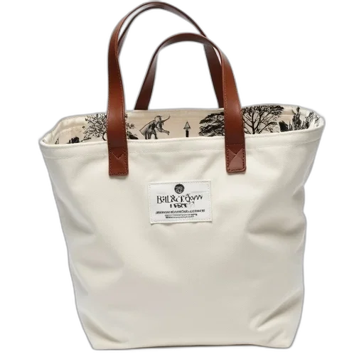 white, canvas, tote, bag, brown, leather, strap, interior transparent PNG cut-out