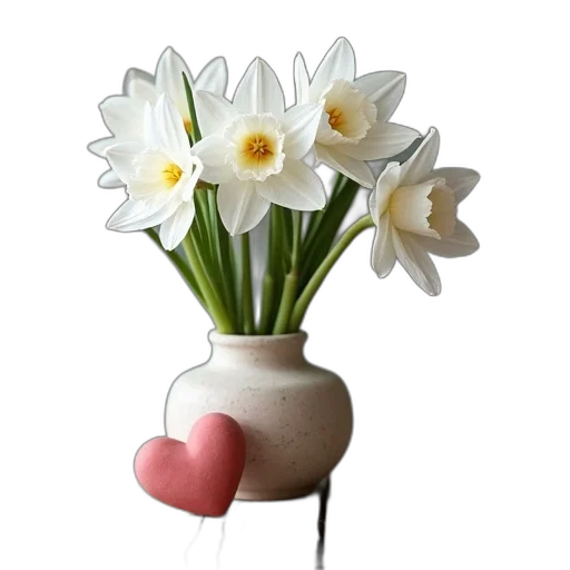 flower, 3d render, photorealistic, white, narciss, flowers, vase, heart transparent PNG cut-out