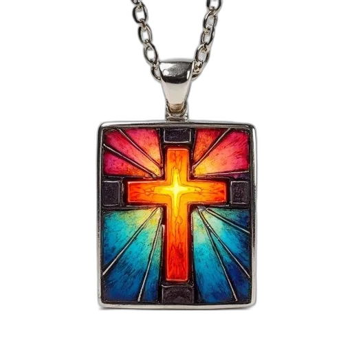 jewelry, silver, necklace, square, pendant, featuring, colorful, abstract transparent PNG cut-out