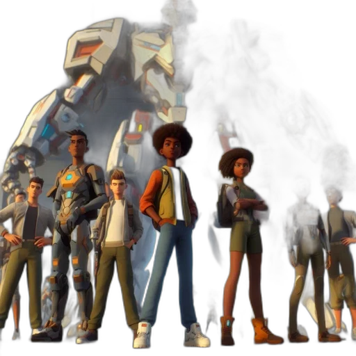 concept art, 3d render, comic book art, fantasy art, ethnically, diverse, group, animated transparent PNG cut-out