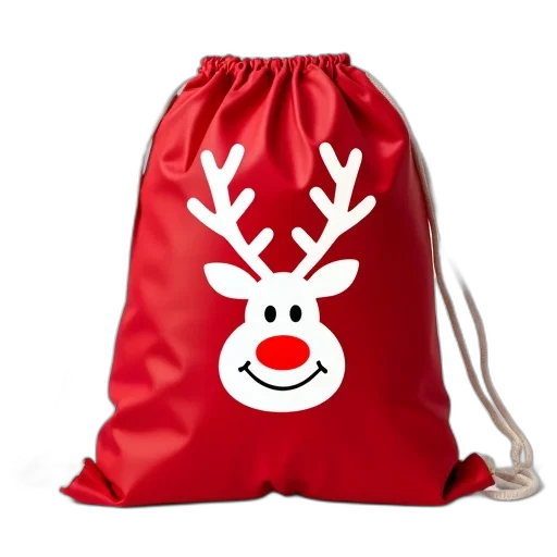 red, drawstring, bag, white, reindeer, face, design, front transparent PNG cut-out