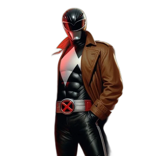jacket, robot, mask, concept art, comic book art, 3d render, red, dark transparent PNG cut-out