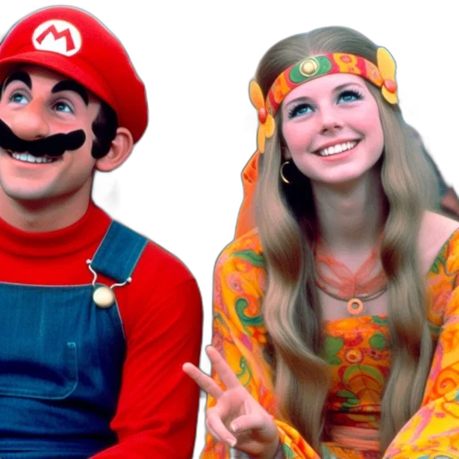 two, individuals, sit, together, one, adorned, mario, popular transparent PNG cut-out