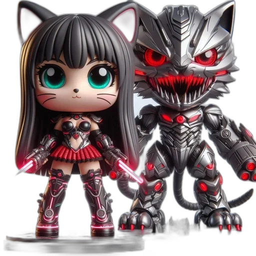 concept art, two, characters, depicted, cat, girl, chibi, features transparent PNG cut-out