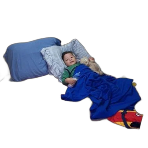 child, lying, bed, blue, blanket, red, yellow, life transparent PNG cut-out