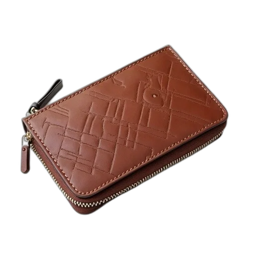 brown, leather, wallet, geometric, pattern, zipper, closure, lying transparent PNG cut-out