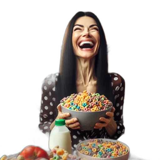 food, woman, laughs, while, eating, bowl, rainbow, cereal transparent PNG cut-out