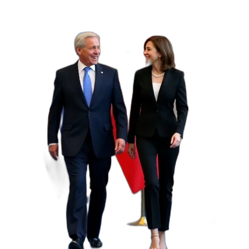 staff, jacket, man, woman, walking, side, room, blue transparent PNG cut-out