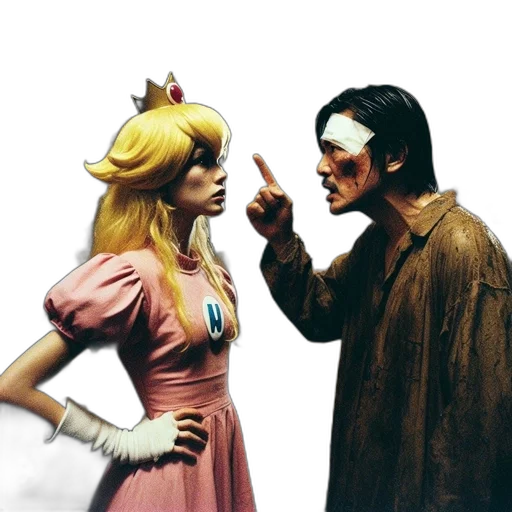 mask, concept art, princess, peach-like, character, confronts, man, bandaged transparent PNG cut-out