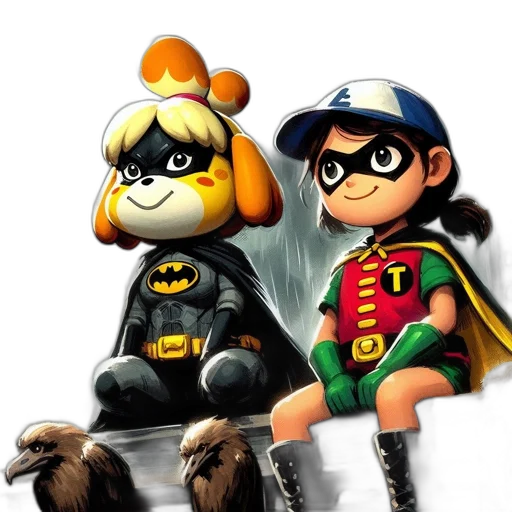 comic book art, concept art, cartoon, 3d render, two, characters, batman, robin transparent PNG cut-out