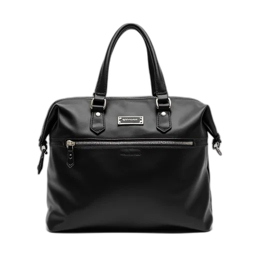monochrome, black, leather, bag, silver, zipper, logo, front transparent PNG cut-out