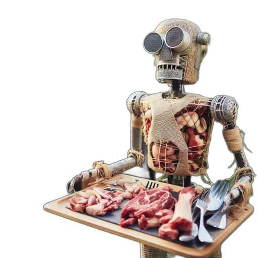 robot, food, animal, concept art, 3d render, garden, setting, patrons transparent PNG cut-out
